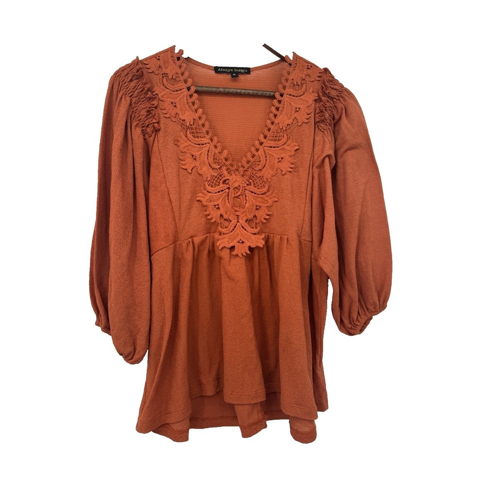 Always Indigo XL Womens Orange Boho Peasant Festival Flowy Lace Trim Tunic‎ Top
